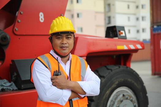 industry worker control loading containers in the container terminal photo