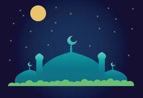 Green Mosque Silhouette In The Night with Moon Background Vector Illustration