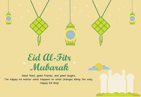 Eid Mubarak Wishes With Lantern and Ketupat Dishes Background Vector Illustration