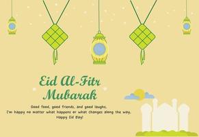 eid mubarak desea con ilustración de vector de fondo de platos de linterna y ketupat