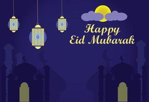 feliz silueta de la mezquita de eid mubarak y linterna adecuada para la bandera y el fondo islámicos vector