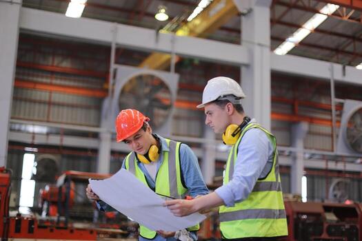 Men industrial engineer wearing a safety helmet while standing in a heavy industrial factory. The Maintenance looking of working at industrial machinery and check security system setup in factory. photo