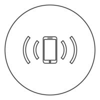 Smartphone emits radio waves Sound wave Emitting waves concept icon in circle round outline black color vector illustration flat style image