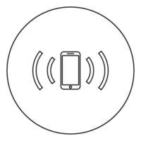 Smartphone emits radio waves Sound wave Emitting waves concept icon in circle round outline black color vector illustration flat style image