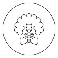 cabeza de cara de payaso con lazo grande y pelo rizado carnaval de circo icono de concepto de invitación divertido en círculo contorno redondo color negro ilustración vectorial imagen de estilo plano vector