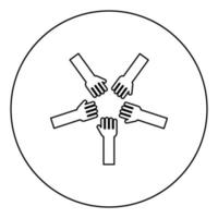 Five hands Group arms Many hands connecting Open palms People putting their hands together Stack hands concept unity icon in circle round outline black color vector illustration flat style image