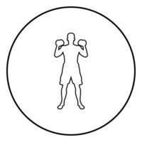 Man doing exercises with dumbbells Sport action male Workout silhouette front view icon black color illustration in circle round vector