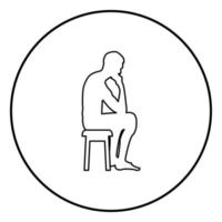 Thinking man sitting on a stool silhouette icon black color illustration in circle round vector