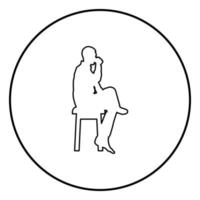 Man drinking from mug sitting on stool with crossed leg Concept relax icon outline black color vector in circle round illustration flat style image