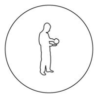 Man with saucepan in his hands preparing food Male cooking use sauciers water poured in plate silhouette in circle round black color vector illustration contour outline style image