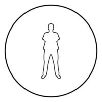 Man standing with hands crossed Dentist surgeon in medical clothes with folded hands on his chest Concept of the end of surgery operation Front view icon outline black color vector in circle round