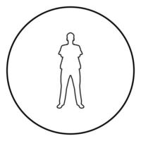 Man standing with hands crossed Dentist surgeon in medical clothes with folded hands on his chest Concept of the end of surgery operation Front view icon outline black color vector in circle round