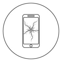 Smartphone with crack on display Broken modern mobile phone Shattered smartphone screen Phone with broken matrix of screen Cell phone with cracked touch screen in center Broken glass telephone icon vector