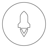cohete con llama en nave espacial voladora lanzamiento exploración espacial guerra arma concepto icono en círculo contorno redondo color negro vector ilustración imagen de estilo plano