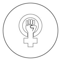 Symbol of feminism movement Gender women resist Fist hand in round and cross icon in circle round outline black color vector illustration flat style image