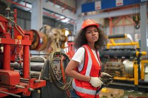 Female worker Foreman or worker work at factory site check up machine or products in site. Engineer or Technician checking Material or Machine on Plant. Industrial and Factory. photo