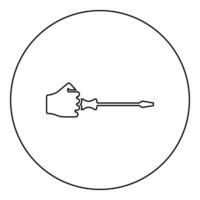 Screw driver in hand tool in use Arm with screwdriver for unscrewing icon in circle round black color vector illustration solid outline style image