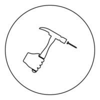 Hammer hits nail in hand claw holding Fixing and repairing working tools icon in circle round black color vector illustration image outline contour line thin style