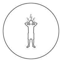 hombre sosteniendo la mano cerca de la cabeza con el concepto de rayo relámpago problema problema personas silueta icono en círculo contorno redondo color negro vector ilustración imagen de estilo plano