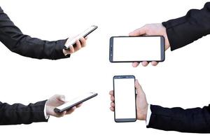 Collection hand of businessman holding blank screen smartphone, Isolated on white background with clipping path. photo