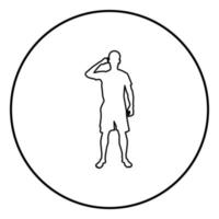 hombre apuntando a la sien con un dedo silueta vista frontal necesita pensar concepto icono ilustración de color negro en círculo redondo vector