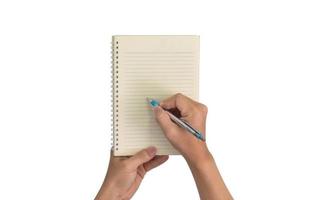 Design concept, Hand with pen writing blank in a notebook isolated on white background. with clipping path photo