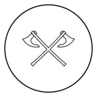 Two battle axes vikings icon outline black color vector in circle round illustration flat style image