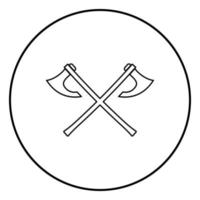 Two battle axes vikings icon outline black color vector in circle round illustration flat style image