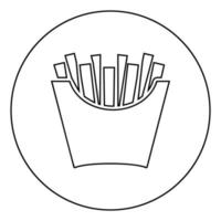 French fries in package Fried potatoes in paper bag Fast food in bucket box Snack concept icon in circle round outline black color vector illustration flat style image