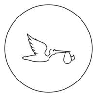 la cigüeña lleva al bebé en una bolsa pájaro volador con tipo en el icono del paquete de pico en el contorno redondo del círculo color negro ilustración vectorial imagen de estilo plano