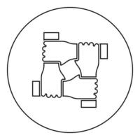 Four hands together concept teamwork united teamleading Arm interlocking with each other on wrist jointly collaboration icon in circle round black color vector illustration image outline contour line