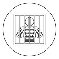 Prisoner behind bars holds rods with his hands Angry man watch through lattice in jail Incarceration concept icon in circle round outline black color vector illustration flat style image