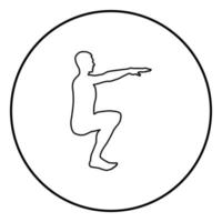 Crouching Man doing exercises crouches squat Sport action male Workout silhouette side view icon black color illustration in circle round vector