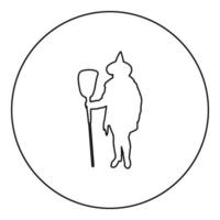 Fairy Wizard Witch standing with broom Subject for Halloween concept silhouette in circle round black color vector illustration contour outline style image