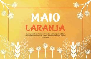 Maio Laranja vector template with orange and yellow watercolor background and white line art flowers and leaves