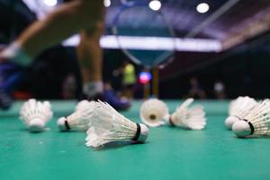 shuttlecock on green badminton playing court photo