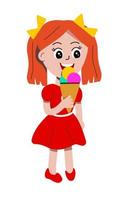 Young happy girl eating ice cream. Vector illustration