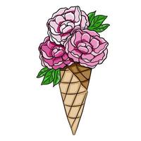 hermosas flores de peonía en cono de helado vector