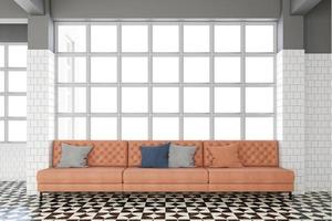 sala de estar con sofá de cuero naranja de lujo, ventanas blancas y vidrio transparente, suelo de mármol. representación 3d foto