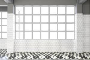 Empty room with white windows and white tile wall, marble pattern floor. 3d rendering photo