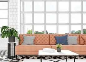 Living room with luxury orange leather sofa and white coffee table, white windows and clear glass, marble pattern floor. 3d rendering photo