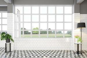 Empty room with white windows and white tile wall, black floor lamp, side table and flower vase. 3d rendering photo