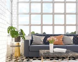 salón con panel de ventana blanco, sofá y plantas verdes, mesa de centro y mesa auxiliar de mármol. representación 3d