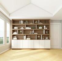 Nordic style workroom with empty space and bookshelf. 3d rendering photo