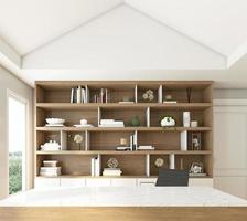 Nordic style workroom with empty desk space and bookshelf. 3d rendering photo