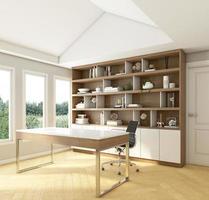 Nordic style workroom with bookshelf and wood floor. 3d rendering photo