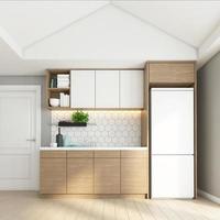 Kitchenette with built-in counters and wood cabinet. 3D rendering photo