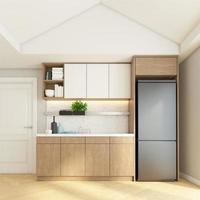 Kitchenette con mesada empotrada y mueble de madera. representación 3d foto