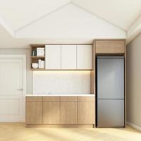 Kitchenette con mesada empotrada y mueble de madera. representación 3d foto