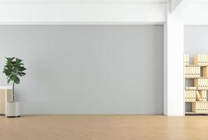 Empty room with minimalist furniture, gray wall and wood floor. 3d rendering photo